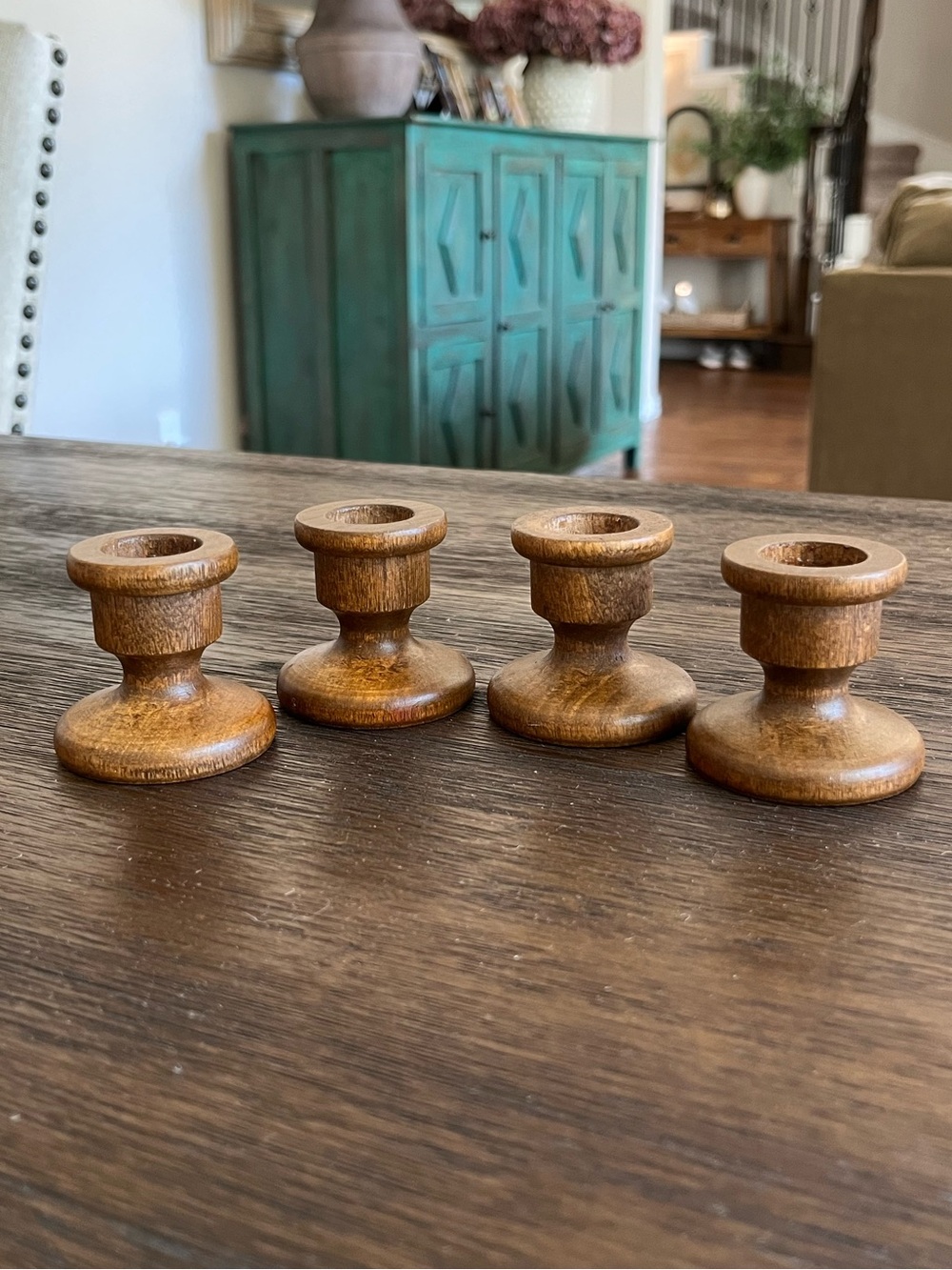 Set of 4 Vintage Wood Candle Holders 2”T